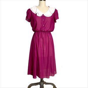 Vintage 70s Oops California plum dress – sheer tulip sleeves, blouson fit, 1930s